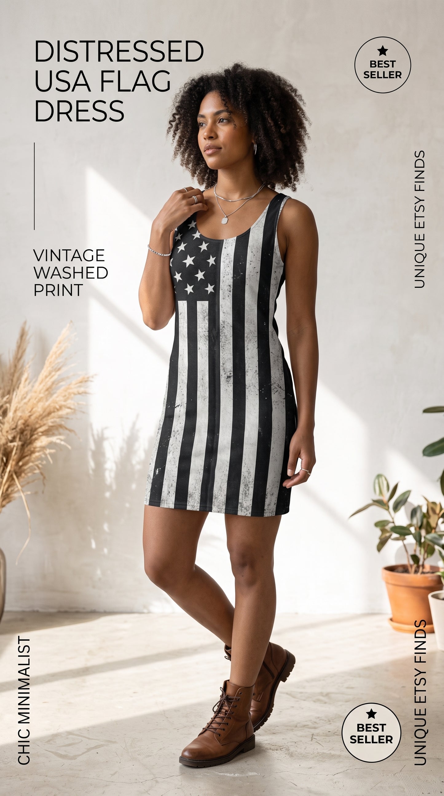 Distressed Black White American Flag Racerback Dress | Patriotic Striped Dress